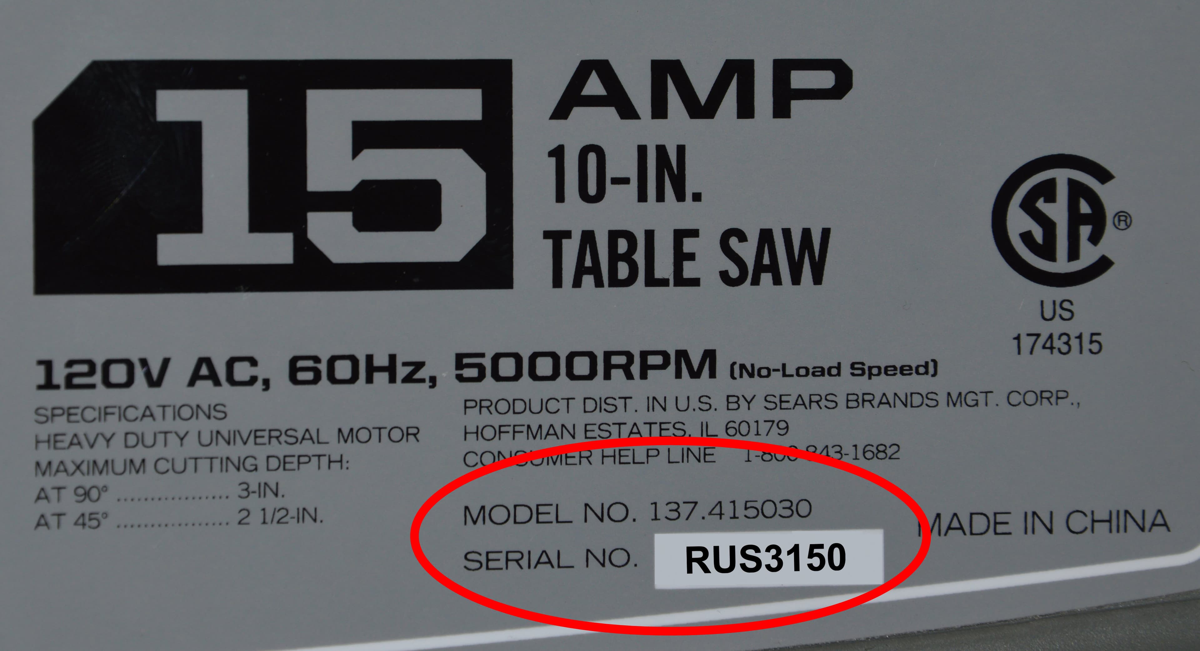 Close Up of Model & Serial Numbers Circled
