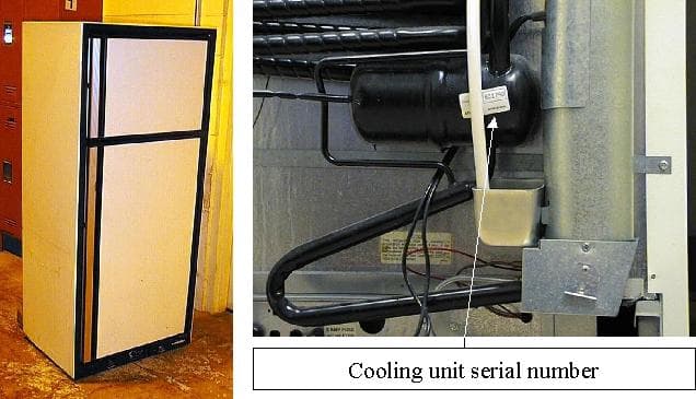 Recalled combination gas and electric refrigerator with location of serial number
