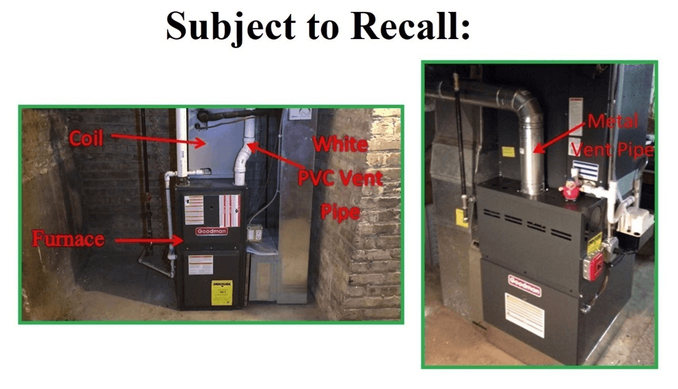 Furnace configurations for recalled evaporator coil drain pans showing an up-flow coil configuration