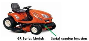 Picture of recalled GR Riding Mower Series Model showing location of serial number