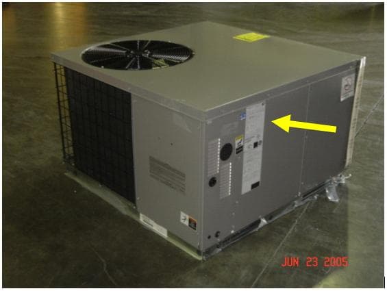 Recalled Heating and Cooling Unit, showing rating plate location
