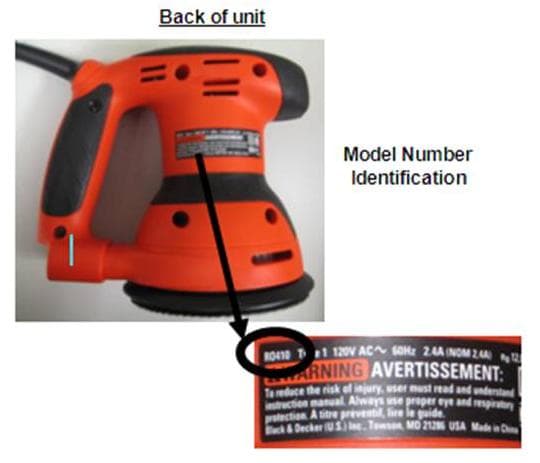 Back of Recalled Random Orbit Sander showing model number identification