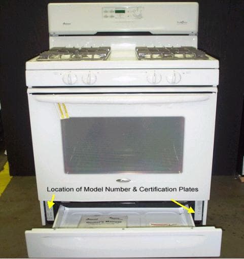 Recalled Amana Big Oven gas range with location of model number and certification plate