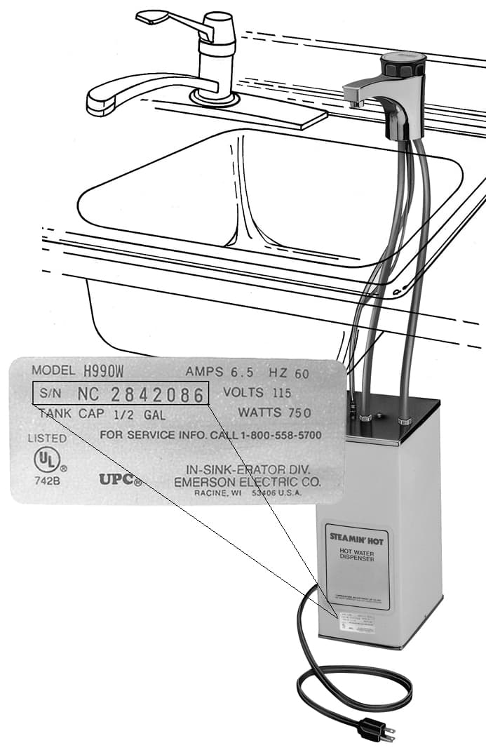 Recalled hot water dispenser with location of serial number